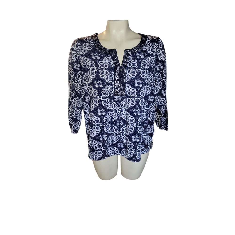 Croft‎ & Barrow Floral Print Tunic Top Embellished Neckline Womens L blue beach
